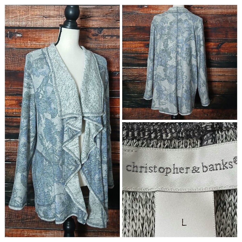 NWT Christopher & Banks Cardigan Sweater L Open Front Gray Floral Waterfall
